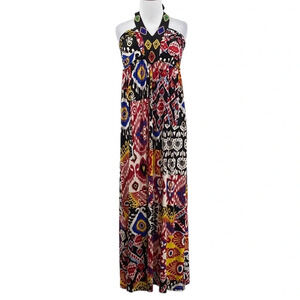 Muse Boston Proper Beaded Maxi Dress Womens 14 Red Black‎ Halter Ikat Printed
